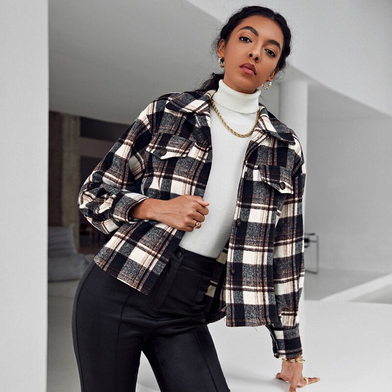 

Single Breasted Flap Detail Plaid Coat, Multicolor
