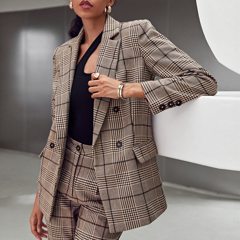 

Notched Collar Double Breasted Plaid Blazer, Multicolor