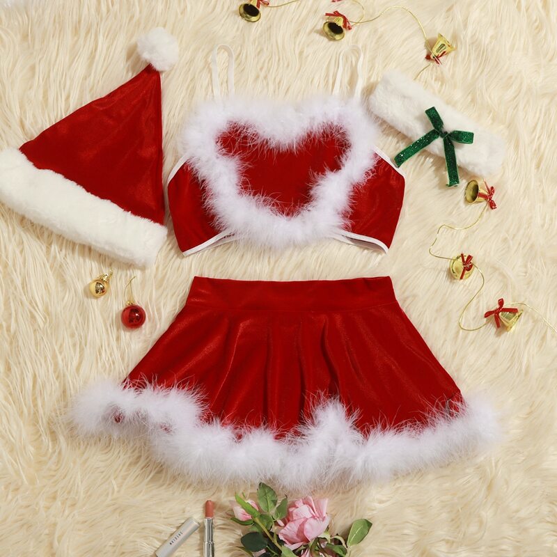 

5pack Velvet Faux Fur Trim Costume Set & Hat, Red
