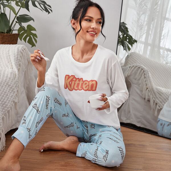 

Letter And Polka Dot Print PJ Set, Blue and white