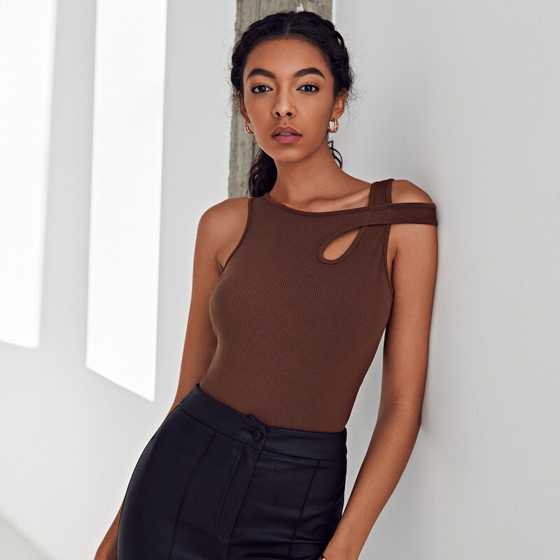 

Asymmetrical Neck Rib-knit Tank Top, Coffee brown