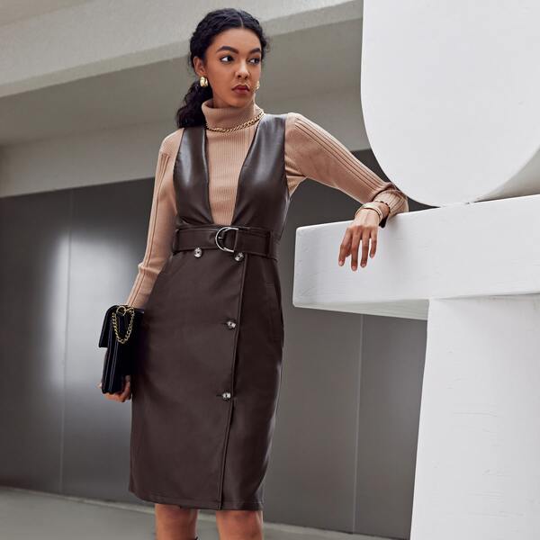 

D-ring Belted PU Leather Overall Dress, Chocolate brown