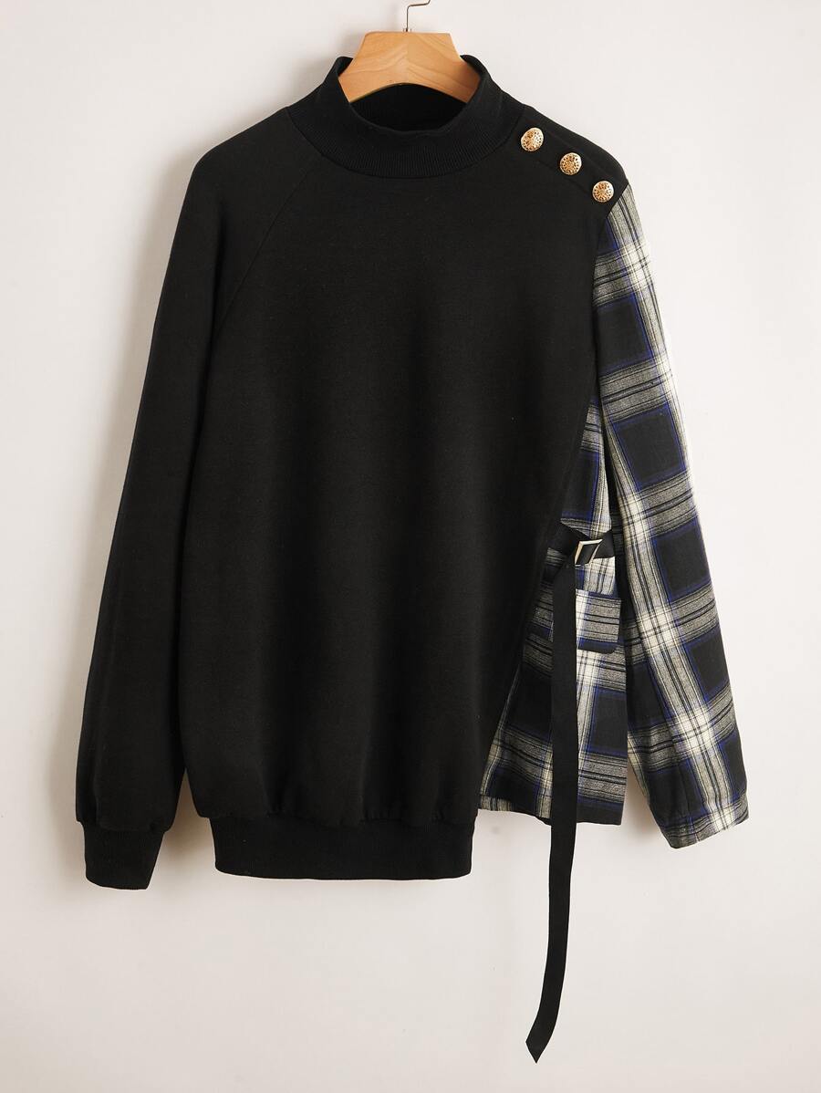 SHEIN 小高領拼接格紋插肩袖運動衫