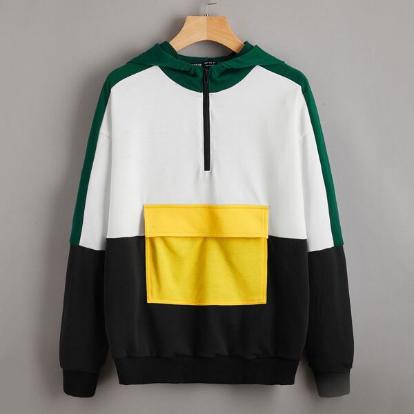 

Half Zip Pocket Front Color-block Hoodie, Multicolor