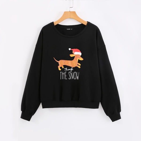 

Plus Christmas Print Drop Shoulder Sweatshirt, Black