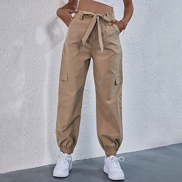 

Fake Pocket Self Tie Cargo Pants, Khaki