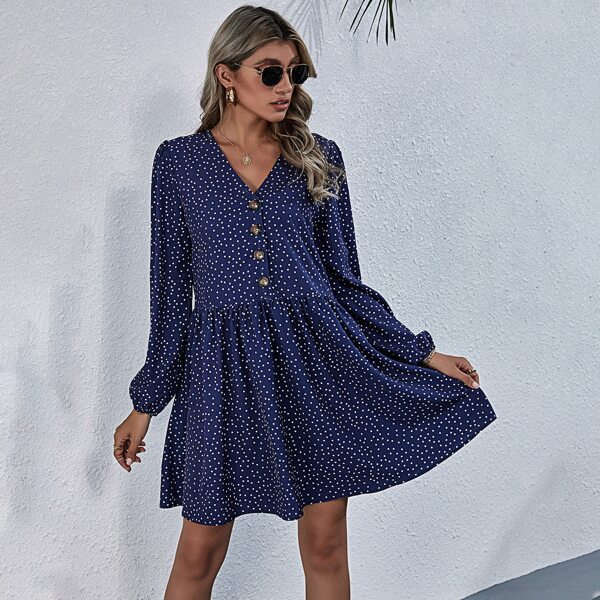 

Polka Dot Half Button Babydoll Dress, Navy blue