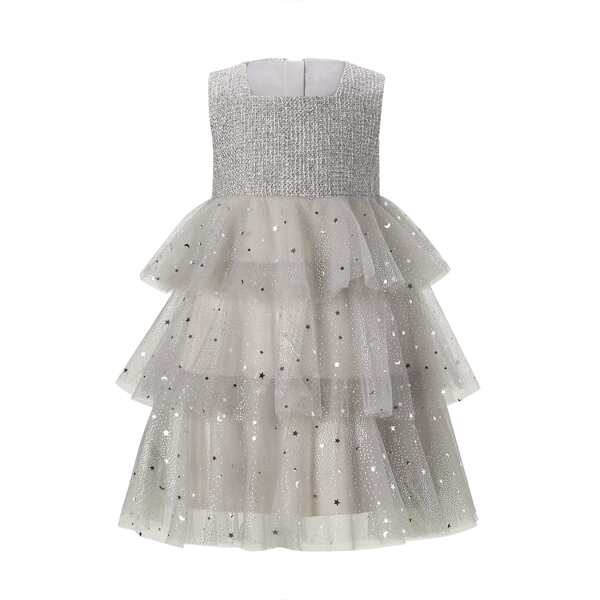 

Toddler Girls Galaxy Layered Ruffle Contrast Mesh Dress, Grey