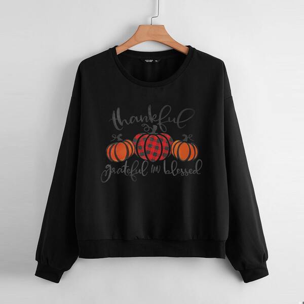 

Plus Drop Shoulder Pumpkin Print Sweatshirt, Black