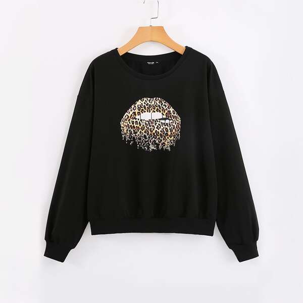 

Plus Leopard & Lip Print Drop Shoulder Sweatshirt, Black