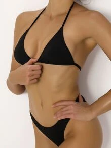 Swim Basics Set bikini monocolore Reggiseno halter triangolo & Bottom con taglio alto 2 pezzi Costume da bagno