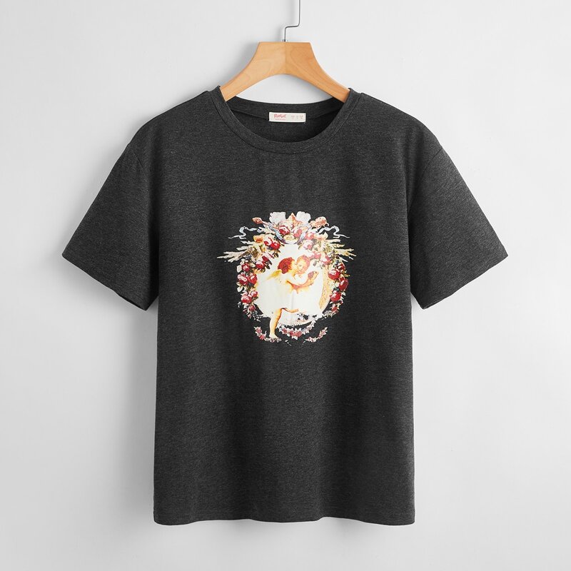 

Floral & Angel Graphic Tee, Dark grey