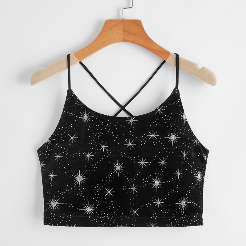 

Star Pattern Velvet Crop Cami, Black