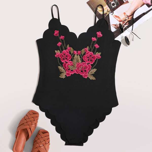 

Plus Floral Embroidered Scallop Cami Bodysuit, Black