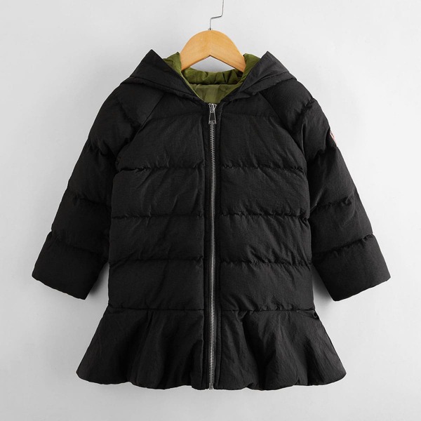 

Toddler Girls Zip Up Ruffle Hem Padded Coat, Black