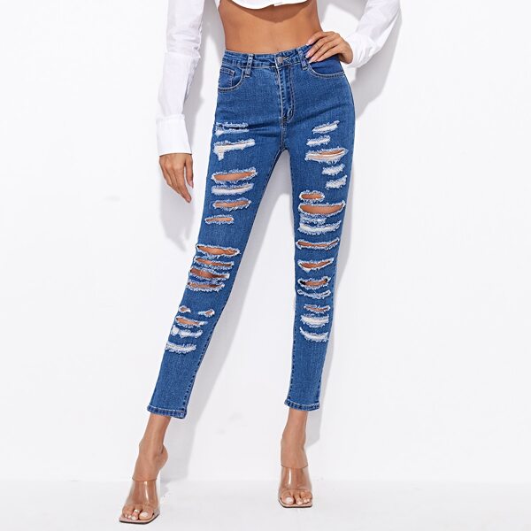 

High Waist Ripped Skinny Jeans, Medium wash