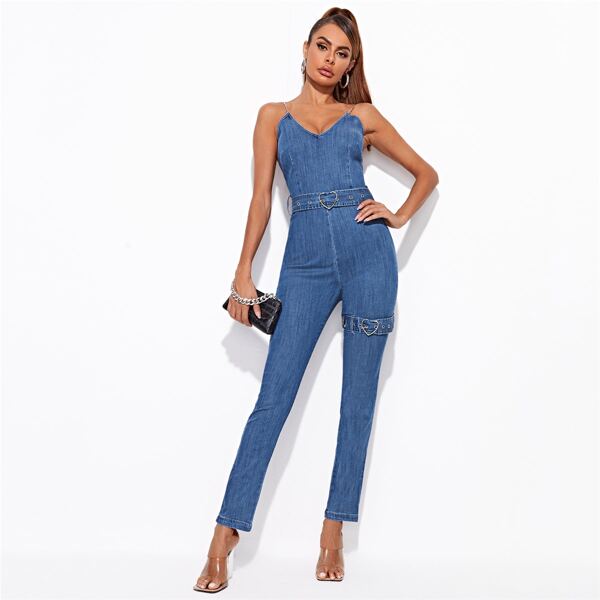 

Adjustable Belted Denim Cami Jumpsuit, Medium wash
