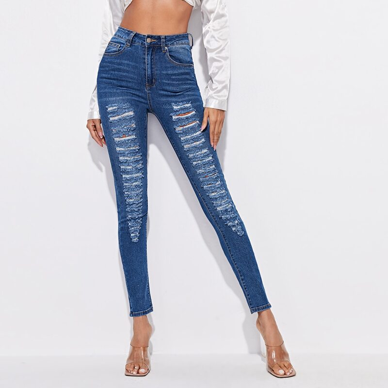 

High Waist Ripped Skinny Jeans, Medium wash