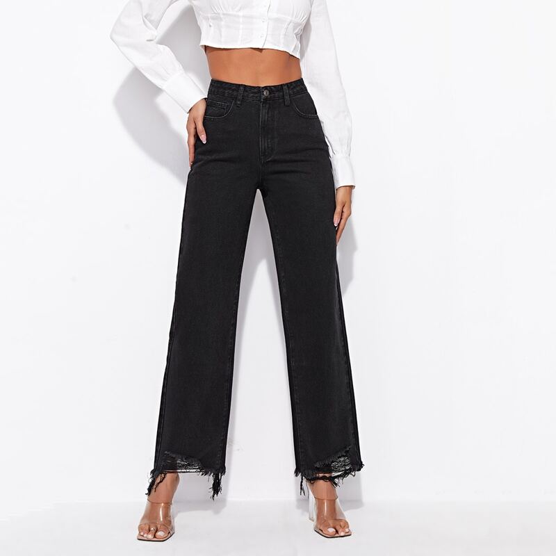 

High Waist Distressed Hem Straight Jeans, Black