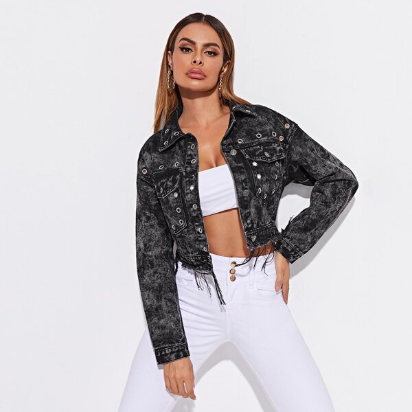 

Fringe Hem Grommet Eyelet Crop Denim Jacket, Black