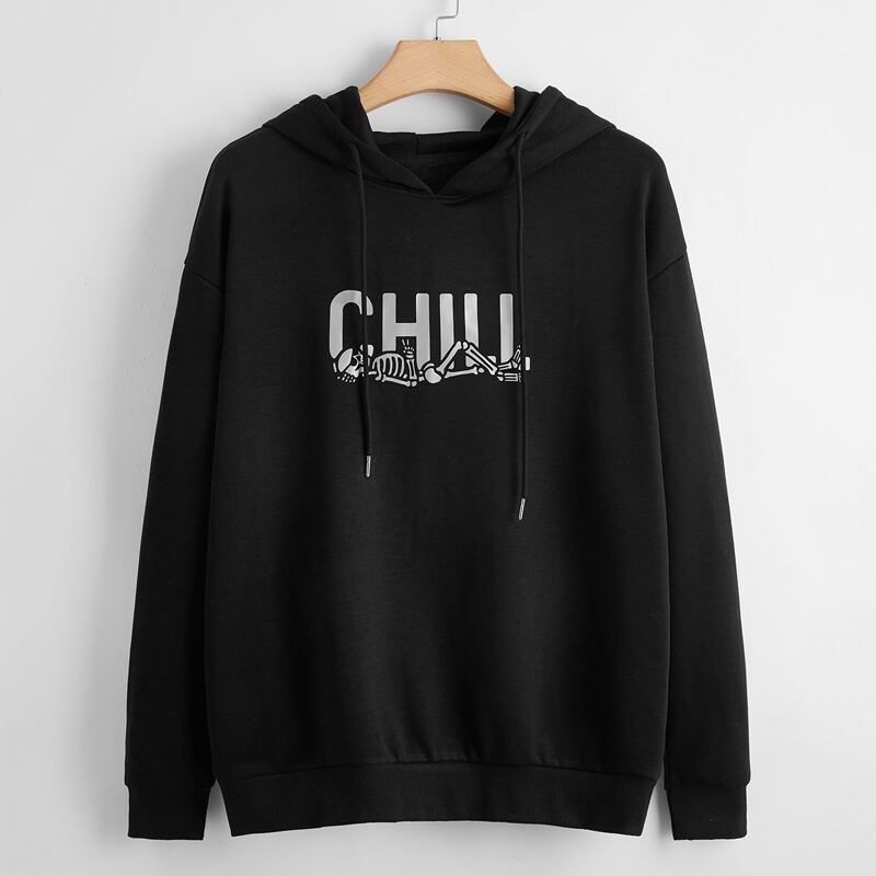 

Guys Reflective Letter & Skull Pattern Hoodie, Black