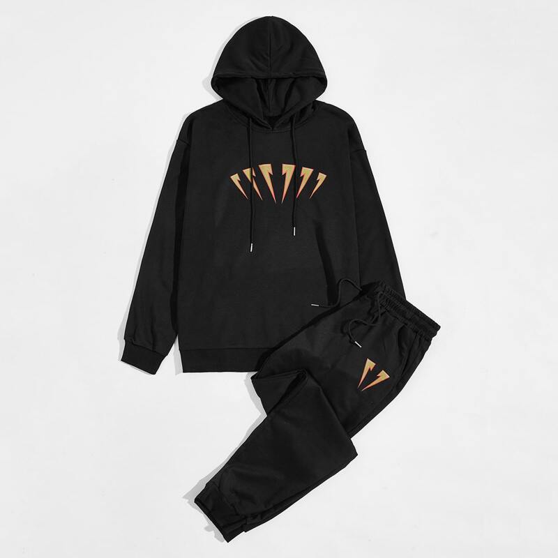 

Guys Graphic Print Hoodie & Drawstring Pants, Black