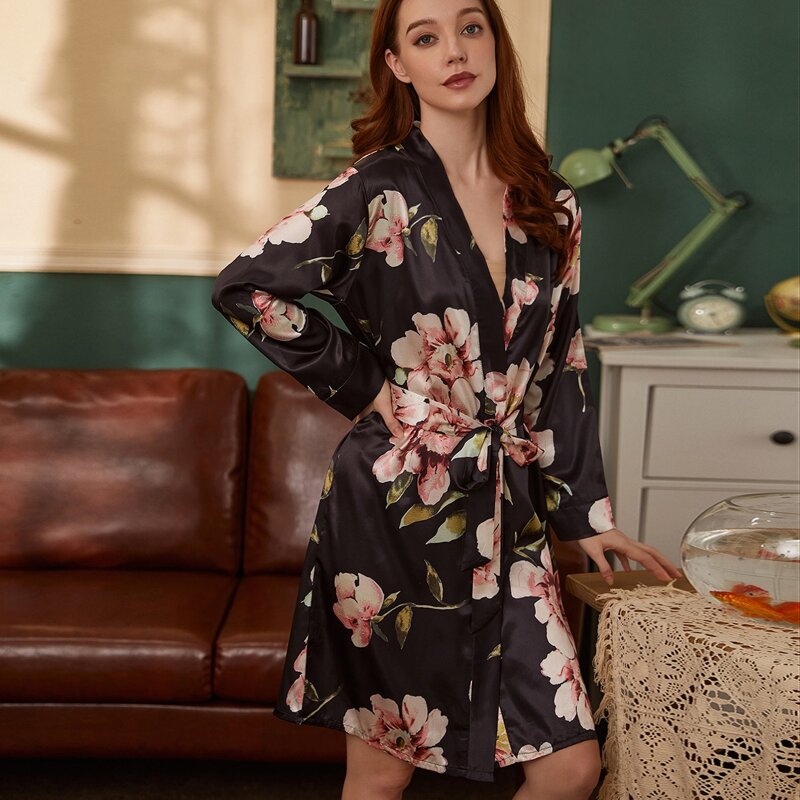 

Satin Floral Print Belted Night Robe, Black