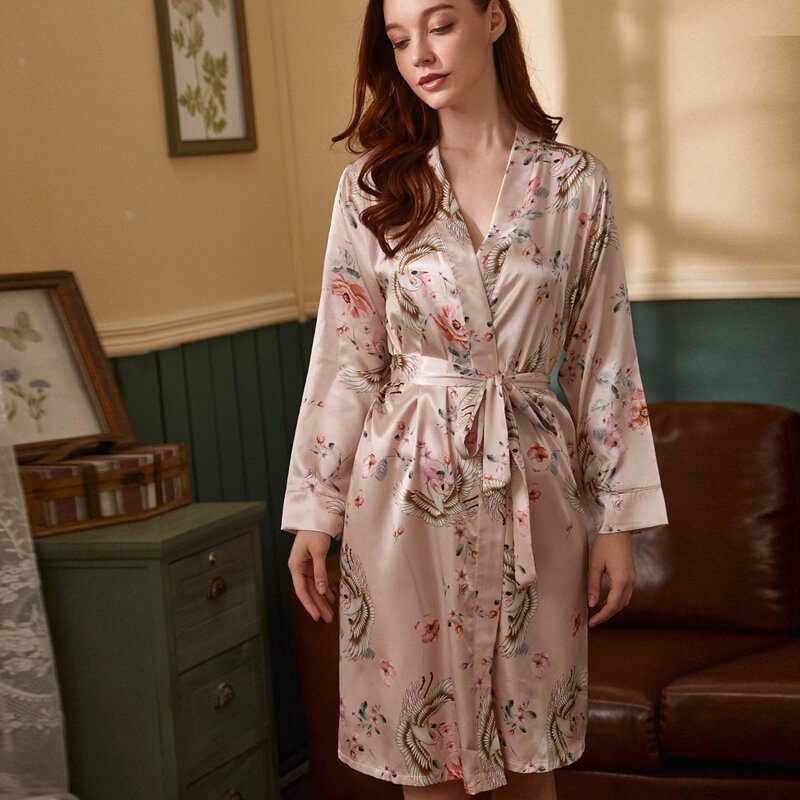 

Satin Floral & Crane Print Belted Night Robe, Baby pink