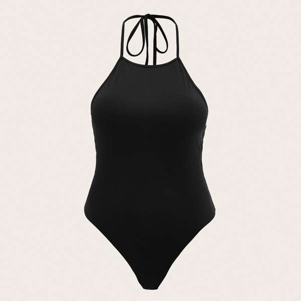 

Plus Self Tied Laddering Back Halter Bodysuit, Black