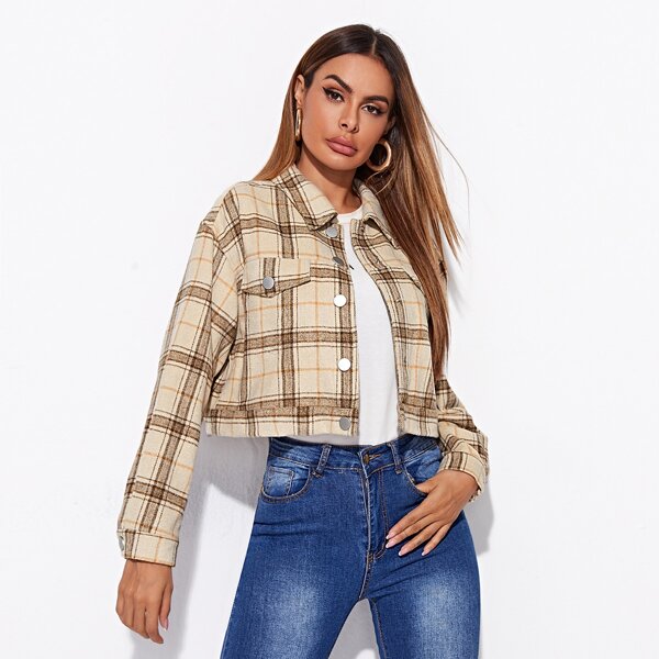 

Flap Detail Tartan Crop Jacket, Apricot