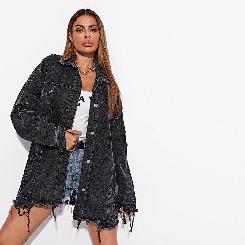 

Single Breasted High Low Hem Drop Shoulder Oversized Denim Jacket, Dark grey