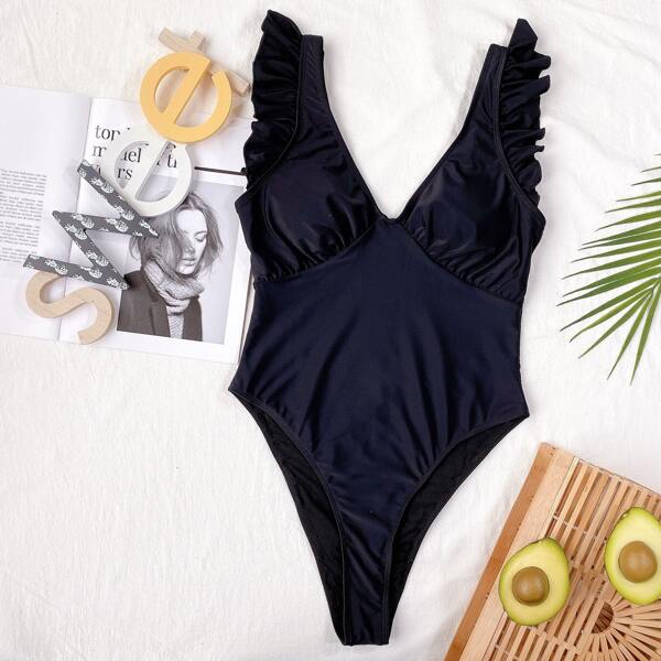 

Ruffle Trim One Piece Swimsuit, Black