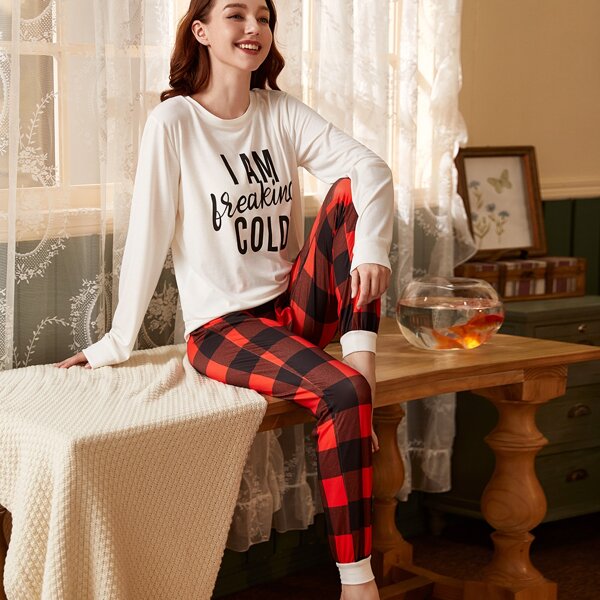 

Gingham And Slogan Graphic Long Sleeve PJ Set, Multicolor