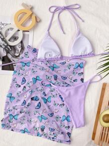 3packs Butterfly Print Triangle Bikini Set & Beach Skirt Summer Beach - Lilac Purple - View 2