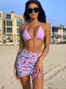 3packs Butterfly Print Triangle Bikini Set & Beach Skirt Summer Beach - Lilac Purple - View 3