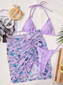 3packs Butterfly Print Triangle Bikini Set & Beach Skirt Summer Beach - Lilac Purple - View 4