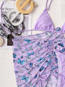 3packs Butterfly Print Triangle Bikini Set & Beach Skirt Summer Beach - Lilac Purple - View 5