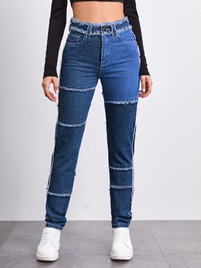 Cut and Sew Frayed Trim Jeans | SHEIN