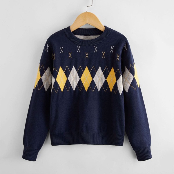 

Boys Argyle Pattern Crew Neck Sweater, Navy blue