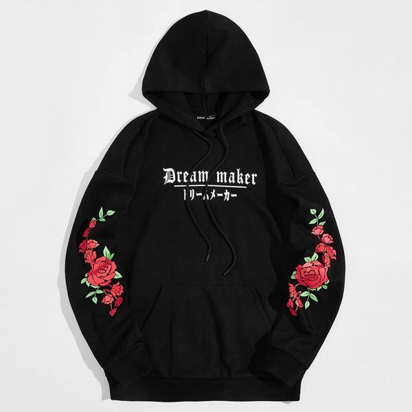 

Men Pouch Pocket Letter and Floral Print Hoodie, Black