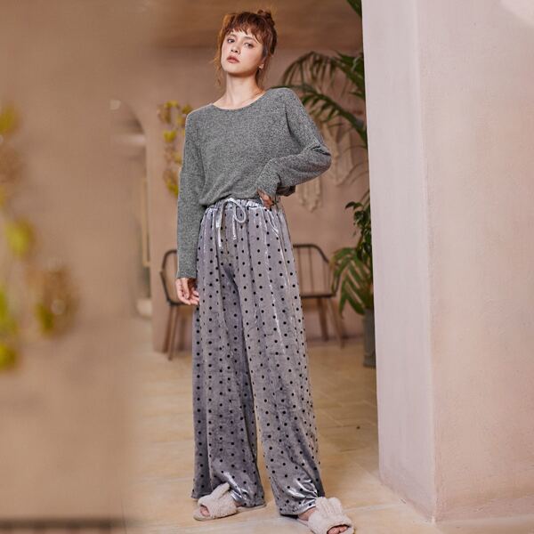 

Polka Dot Wide Leg Pajama Set, Grey