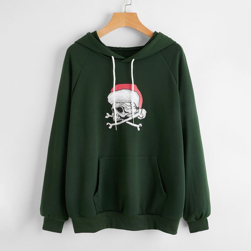 

Christmas Skull Kangaroo Pocket Drawstring Hoodie, Dark green