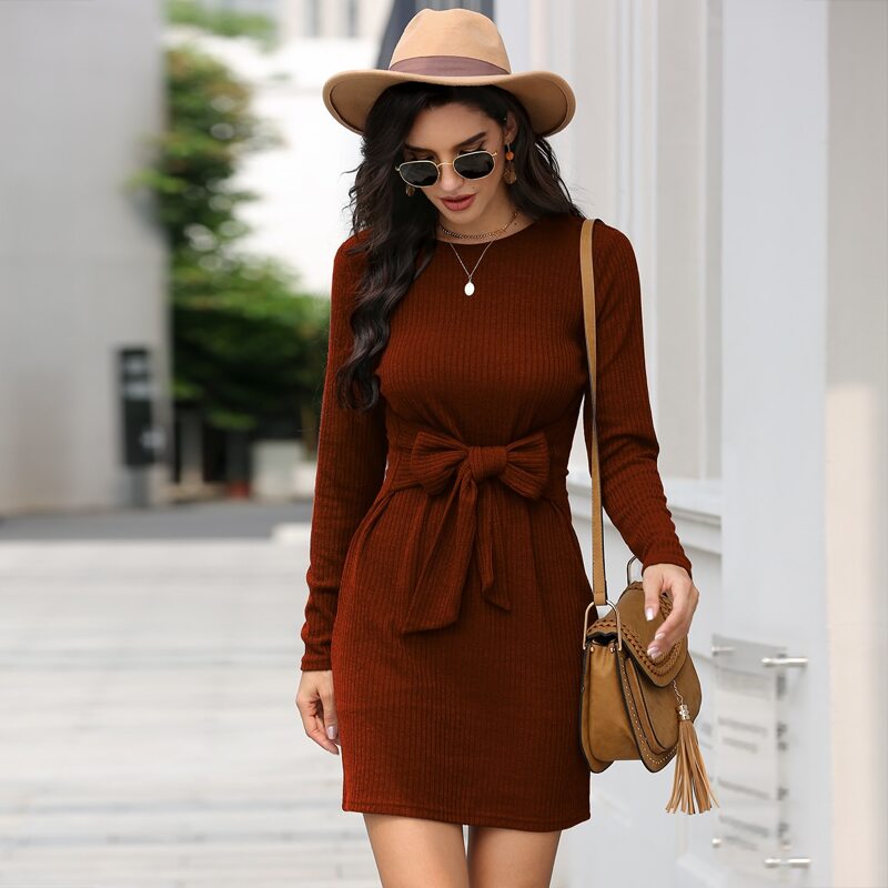 

Crew Neck Tie Front Rib-Knit Dress, Rust brown
