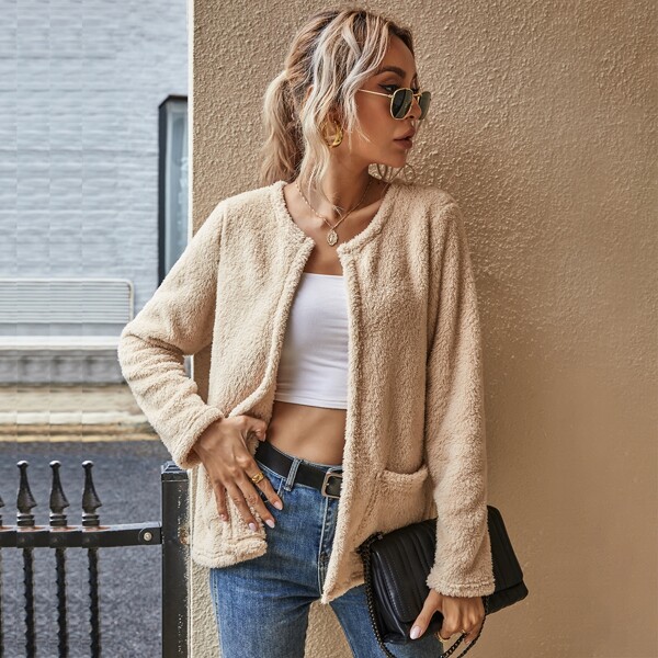 

Open Front Dual Pocket Teddy Coat, Apricot