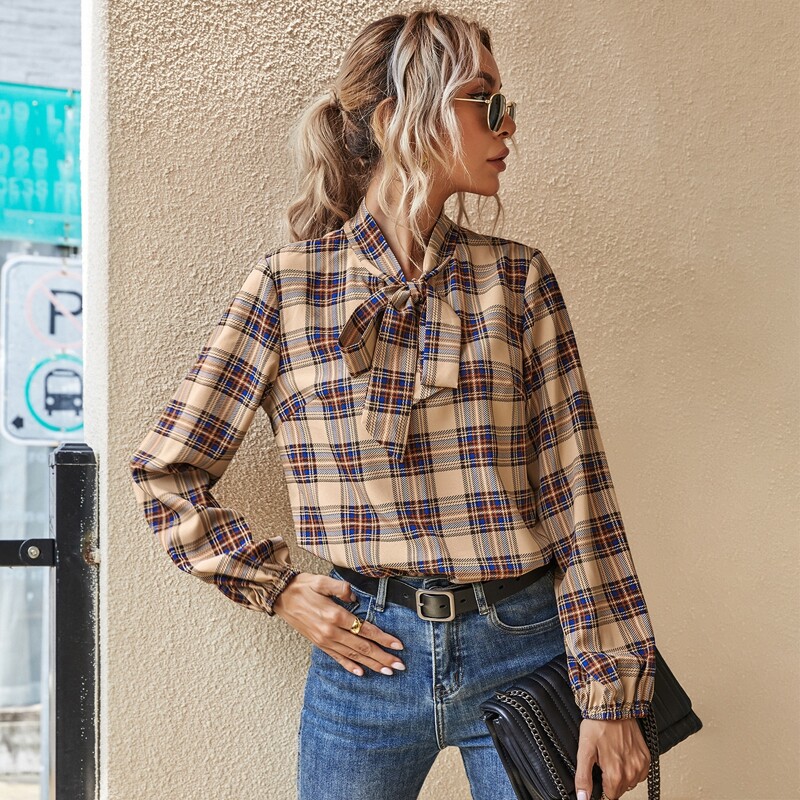 

Tartan Plaid Tie Neck Blouse, Multicolor