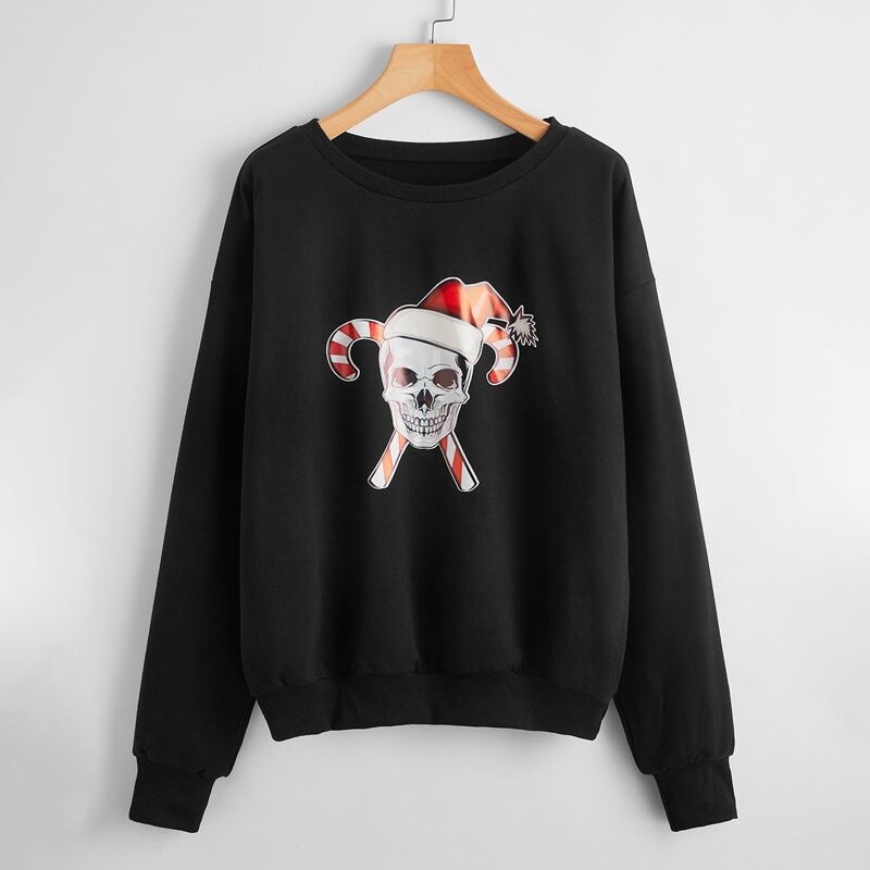 

Christmas Skull Pattern Sweatshirt, Black