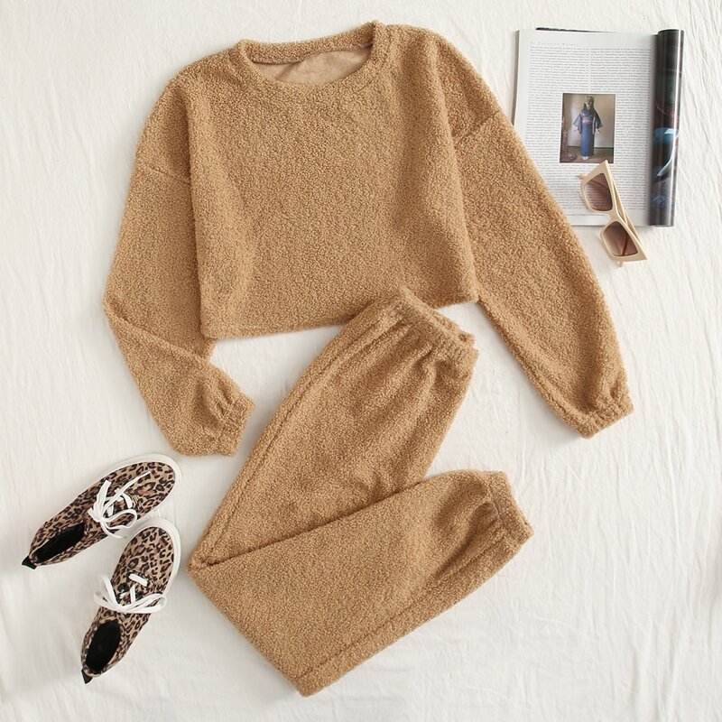 

Solid Teddy Sweatshirt & Pants, Khaki
