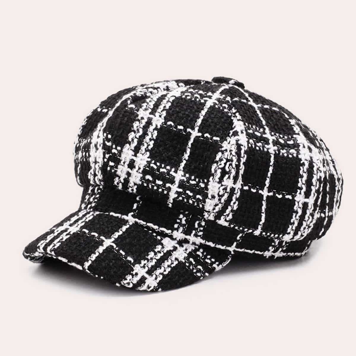 

Plaid Baker Boy Hat, Black and white
