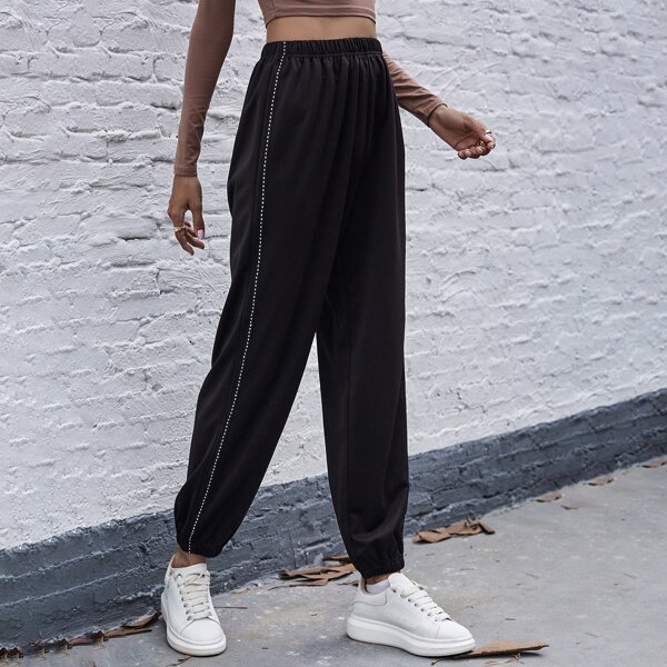 

Dotted Line Pattern Elastic Waist Sweatpants, Black