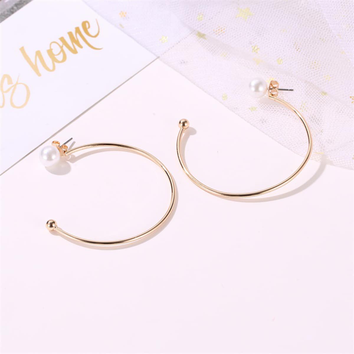 

Faux Pearl Hoop Earrings, Gold